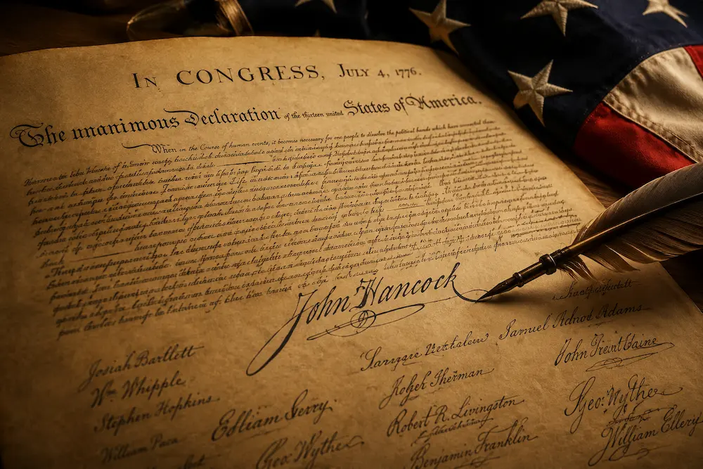 Close-up of the Declaration of Independence parchment showing John Hancock's signature and a quill pen for the Declaration of Independence Challenge.