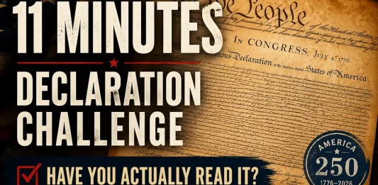 Declaration Challenge graphic inviting Americans to read or listen to the Declaration of Independence in 11 minutes as part of America's 250th anniversary.