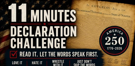 Declaration Challenge graphic inviting Americans to read or listen to the Declaration of Independence in 11 minutes as part of America's 250th anniversary.